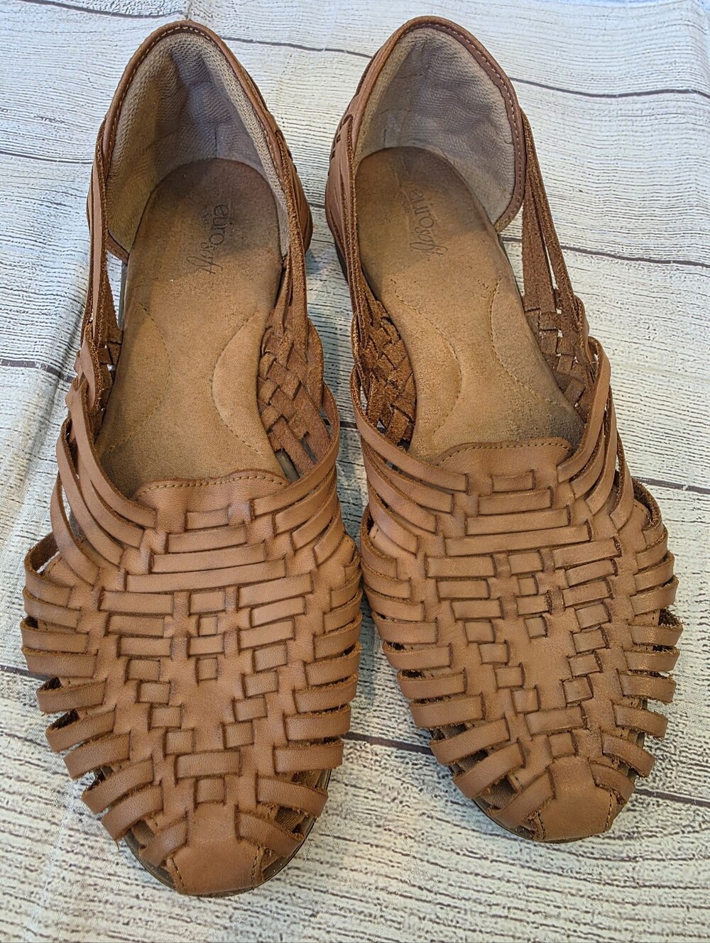 Eurosoft by Sofft Size 10 Woven Leather Camel Huarache Flat Shoes Boho Comfort
